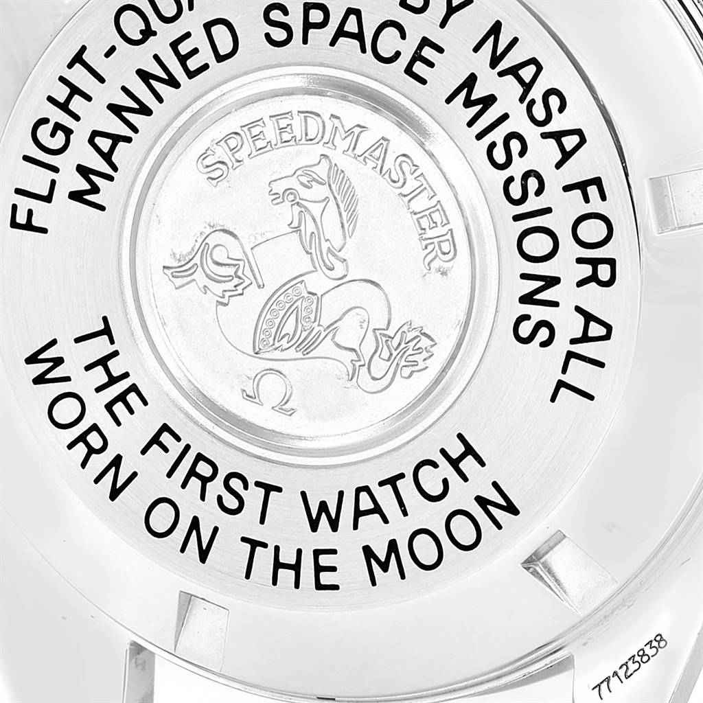 The image shows the engraved back case of the Omega Speedmaster 3570.50.00 Men's Stainless Steel Black Dial 3570.50.00 Men's Stainless Steel Black Dial watch.