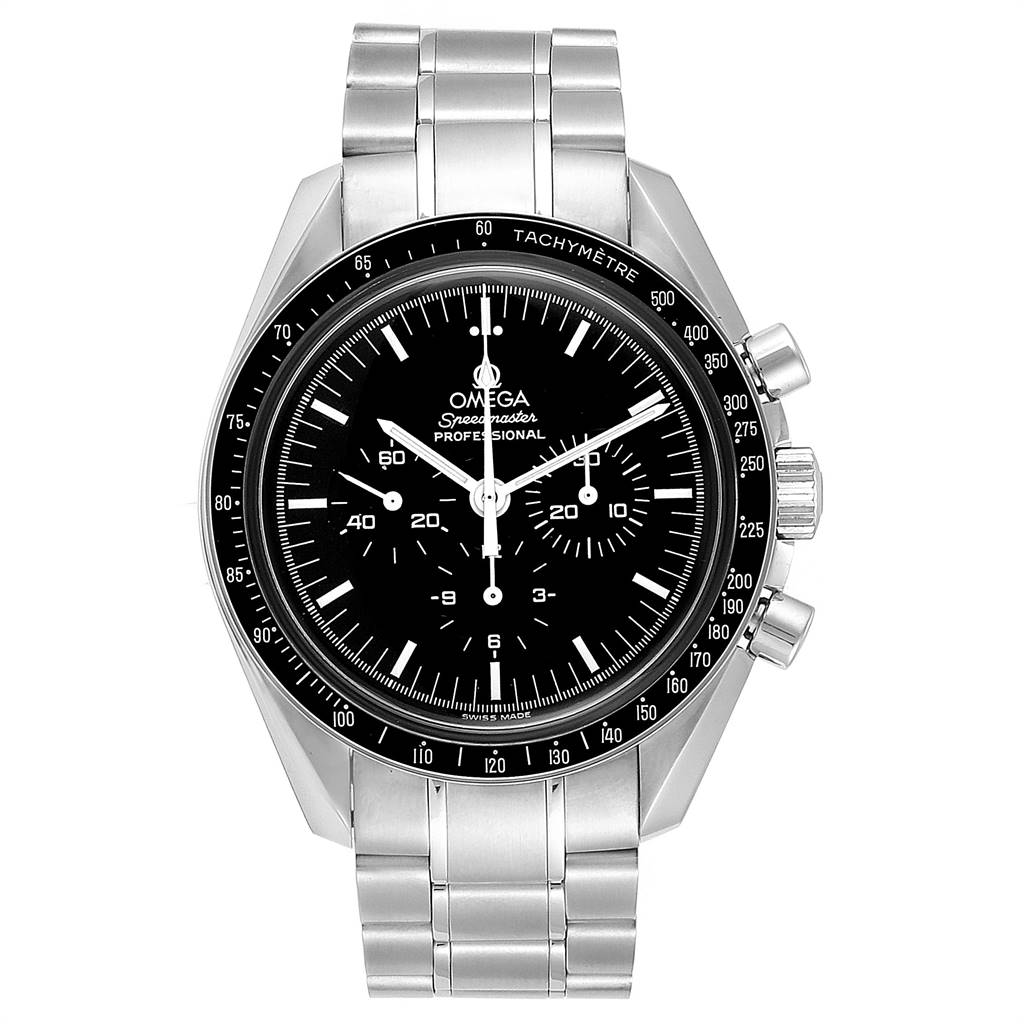 The image shows a front view of the Omega Speedmaster 3570.50.00 Men's Stainless Steel Black Dial 3570.50.00 Men's Stainless Steel Black Dial, displaying its stainless steel case, bracelet, and chronograph functions.