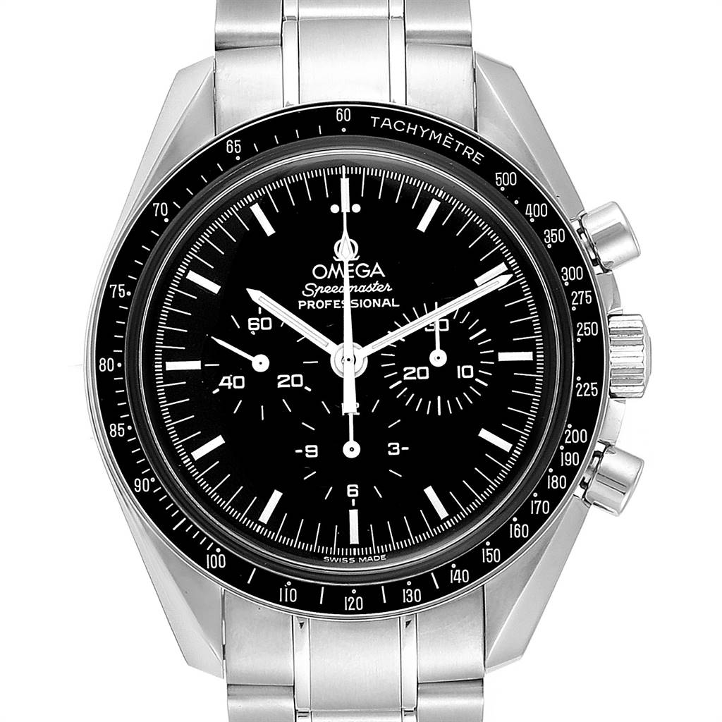 The image shows the Omega Speedmaster 3570.50.00 Men's Stainless Steel Black Dial 3570.50.00 Men's Stainless Steel Black Dial watch from a front angle, highlighting the dial, bezel, and bracelet.
