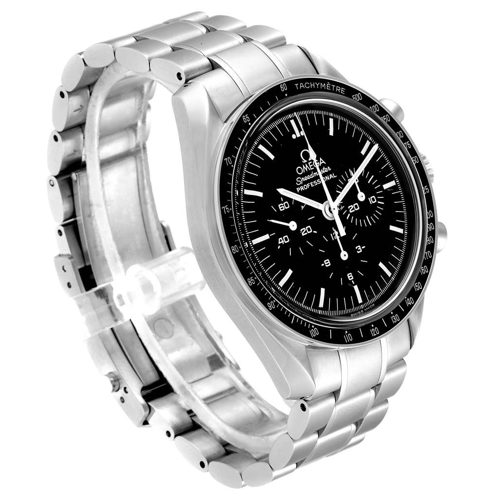 The Omega Speedmaster 3570.50.00 Men's Stainless Steel Black Dial 3570.50.00 Men's Stainless Steel Black Dial watch is shown at an angle highlighting the face, tachymeter bezel, and stainless steel bracelet.