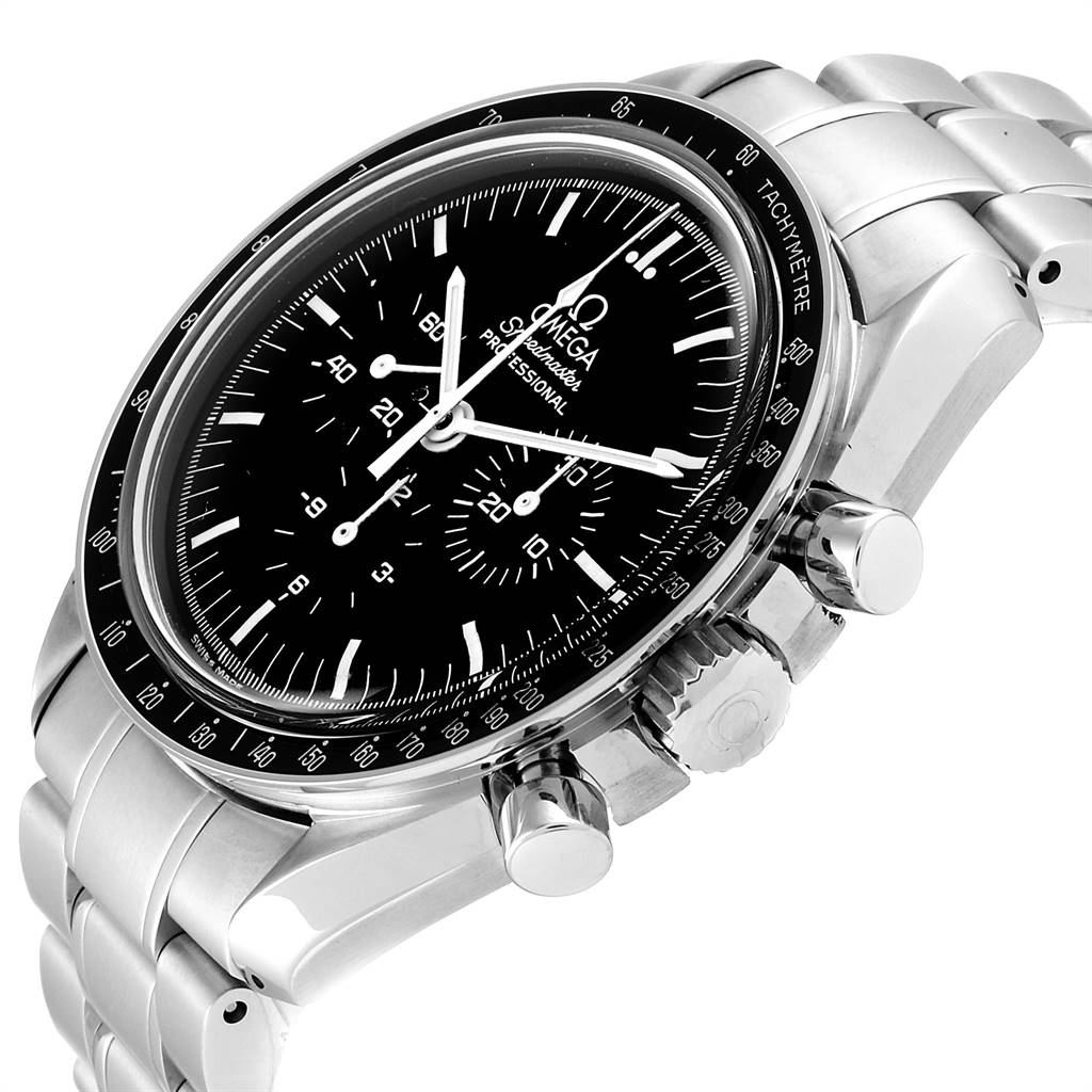The image shows an angled side view of the Omega Speedmaster 3570.50.00 Men's Stainless Steel Black Dial 3570.50.00 Men's Stainless Steel Black Dial watch, highlighting its black dial, bezel, chronograph buttons, and stainless steel bracelet.