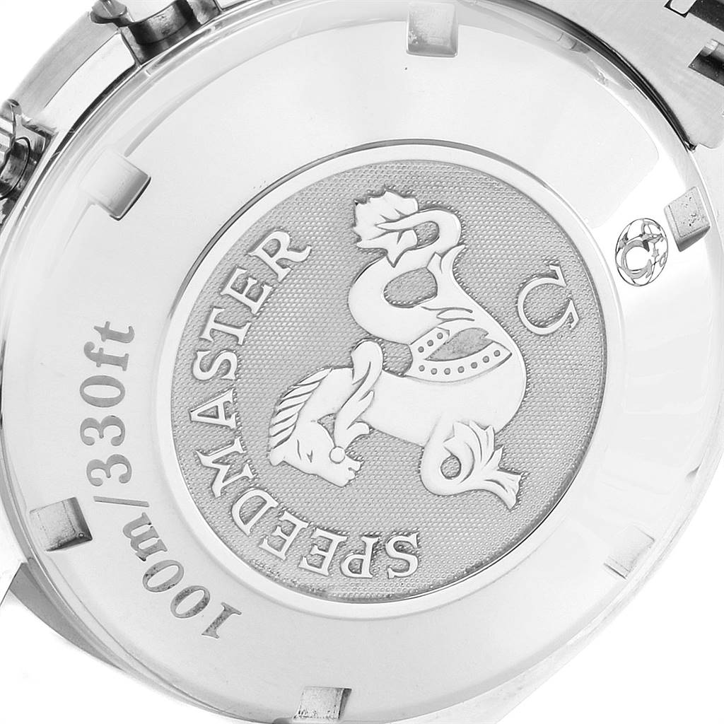 This image shows the back case of an Omega Speedmaster 323.30.40.40.04.001 Men
s Stainless Steel White Dial 323.30.40.40.04.001 Men
s Stainless Steel White Dial watch, featuring the emblem and water resistance mark.