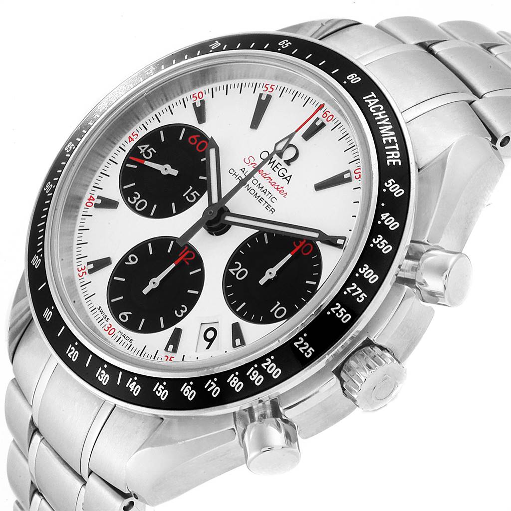 The image shows an Omega Speedmaster 323.30.40.40.04.001 Men
s Stainless Steel White Dial 323.30.40.40.04.001 Men
s Stainless Steel White Dial watch at an angled close-up, highlighting its dial, tachymeter bezel, and buttons.