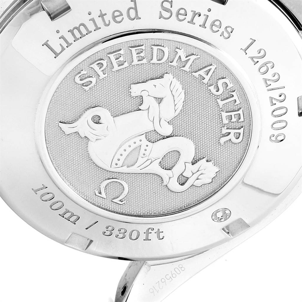 This image shows the engraved case back of an Omega Speedmaster 323.30.40.40.01.001 Men
s Stainless Steel Black Dial 323.30.40.40.01.001 Men
s Stainless Steel Black Dial Limited Series watch.