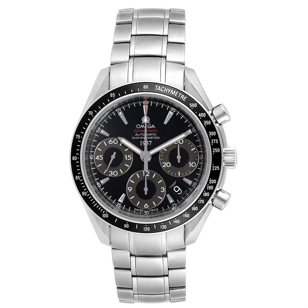 The Omega Speedmaster 323.30.40.40.01.001 Men
s Stainless Steel Black Dial 323.30.40.40.01.001 Men
s Stainless Steel Black Dial watch is shown from a front angle, displaying its face, bezel, and metal bracelet band.