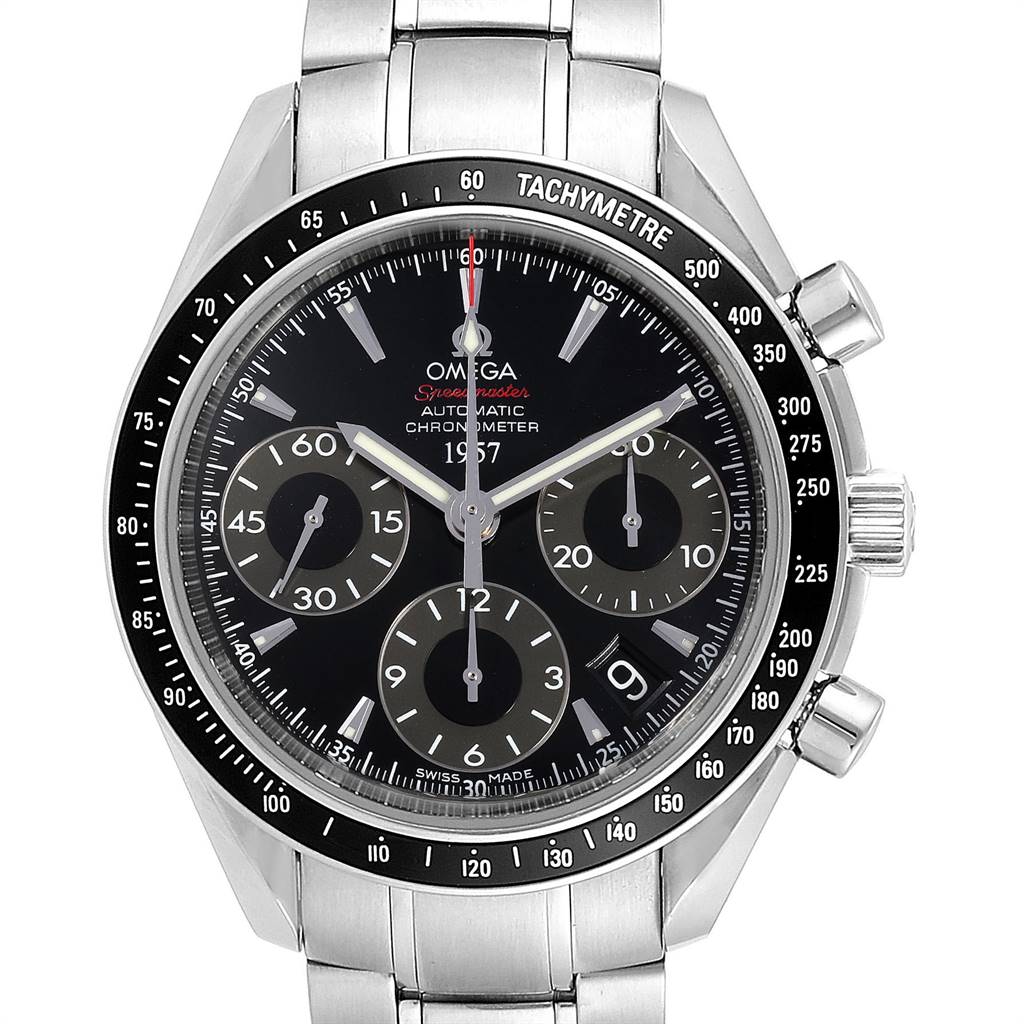 The image shows the front view of an Omega Speedmaster 323.30.40.40.01.001 Men
s Stainless Steel Black Dial 323.30.40.40.01.001 Men
s Stainless Steel Black Dial watch, highlighting its dial, tachymetre bezel, and chronograph subdials.