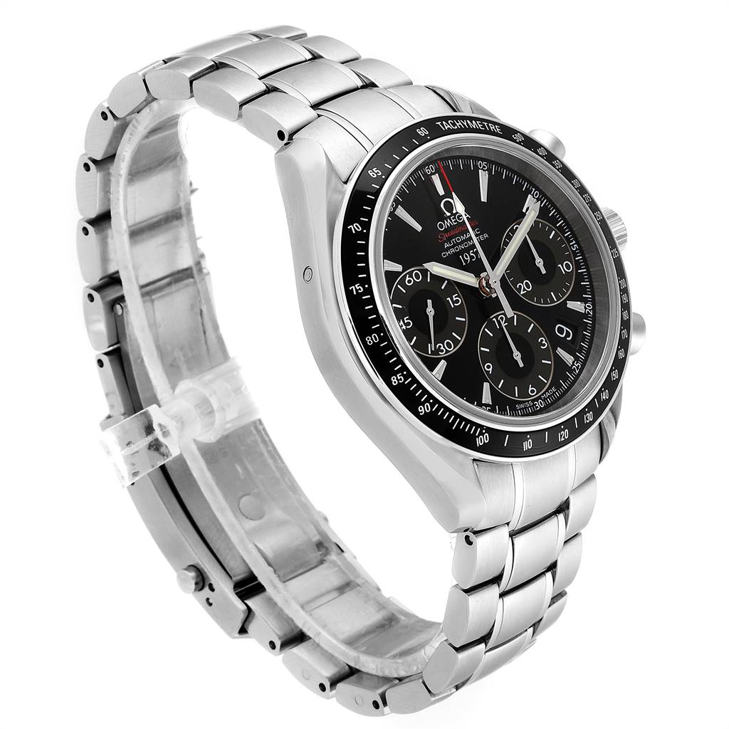 The image shows an angled view of the Omega Speedmaster 323.30.40.40.01.001 Men
s Stainless Steel Black Dial 323.30.40.40.01.001 Men
s Stainless Steel Black Dial watch, highlighting its stainless steel bracelet and black chronograph dial.