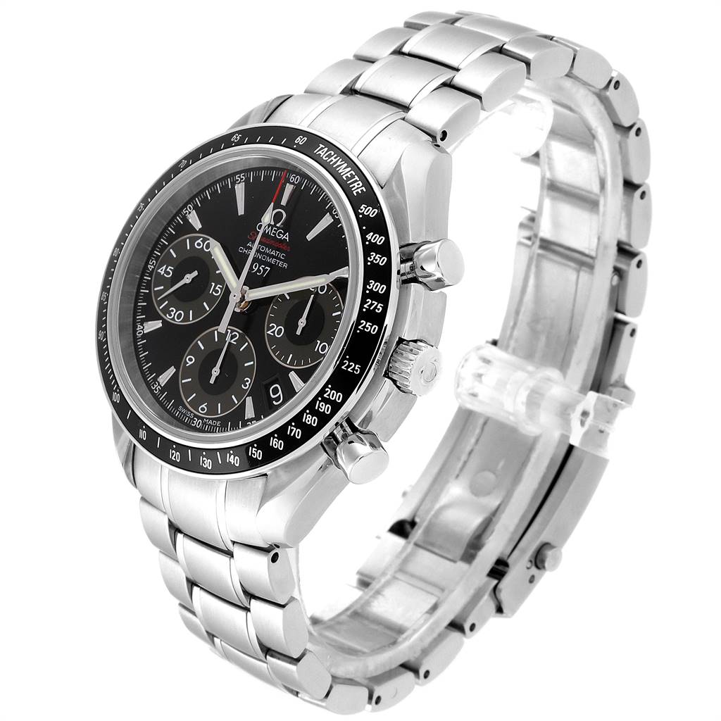 The Omega Speedmaster 323.30.40.40.01.001 Men
s Stainless Steel Black Dial 323.30.40.40.01.001 Men
s Stainless Steel Black Dial watch is shown at a three-quarter angle displaying the face, bezel, crown, pushers, and metal bracelet.