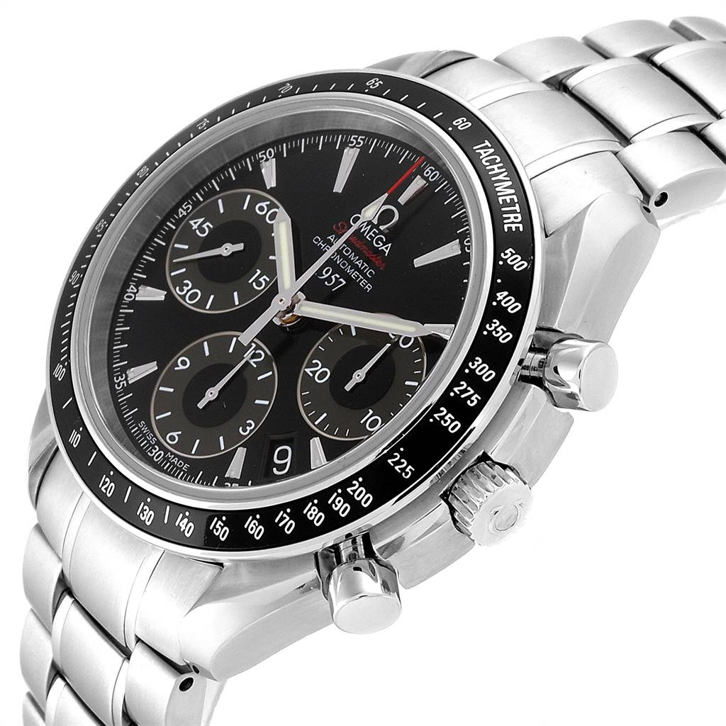 The image shows a side angle of the Omega Speedmaster 323.30.40.40.01.001 Men
s Stainless Steel Black Dial 323.30.40.40.01.001 Men
s Stainless Steel Black Dial watch, highlighting the dial, tachymeter bezel, and pushers.