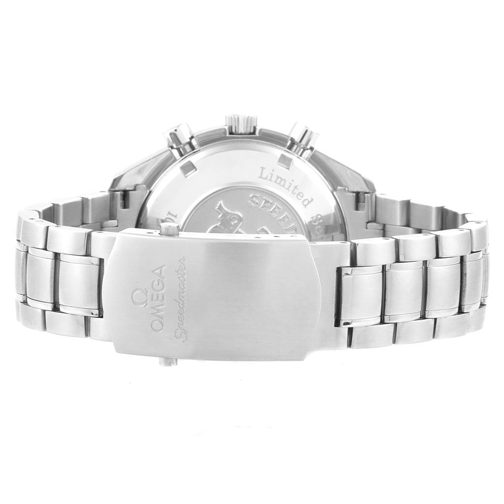 The image shows the back and clasp of an Omega Speedmaster 323.30.40.40.01.001 Men
s Stainless Steel Black Dial 323.30.40.40.01.001 Men
s Stainless Steel Black Dial watch, highlighting the branded clasp and limited edition engraving.