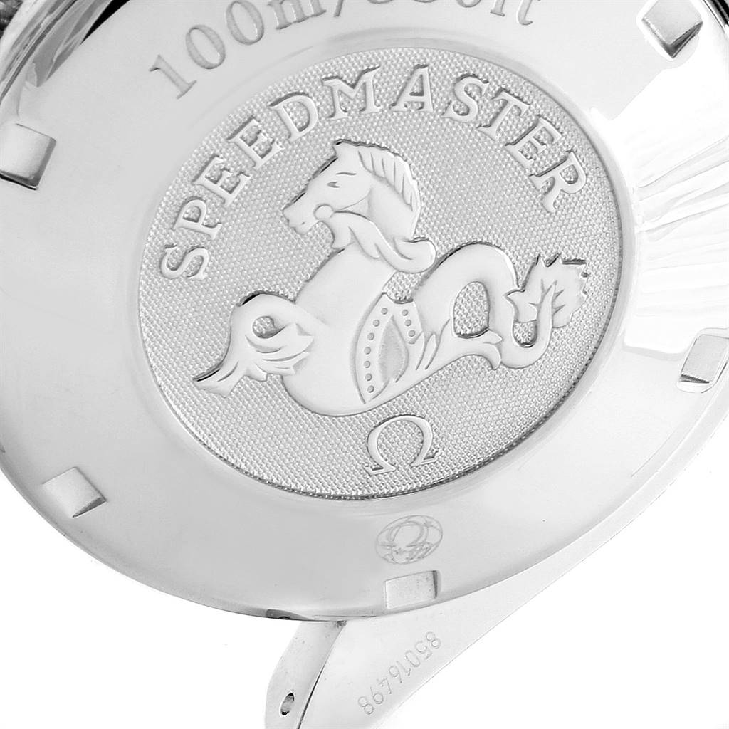 The image shows the engraved case back of an Omega Speedmaster 3212.80.00 Men's Stainless Steel Blue Dial 3212.80.00 Men's Stainless Steel Blue Dial watch, featuring the brand logo and model name.