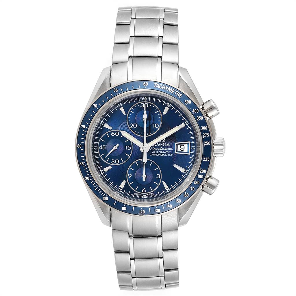 This image shows a front view of the Omega Speedmaster 3212.80.00 Men's Stainless Steel Blue Dial 3212.80.00 Men's Stainless Steel Blue Dial watch, featuring a blue dial, chronograph subdials, and a stainless steel bracelet.