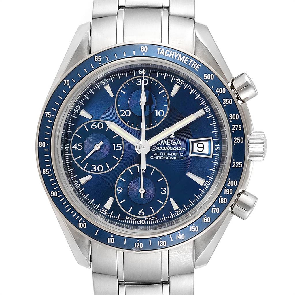 The image shows a frontal view of the Omega Speedmaster 3212.80.00 Men's Stainless Steel Blue Dial 3212.80.00 Men's Stainless Steel Blue Dial watch, highlighting its dial, tachymeter bezel, and bracelet.