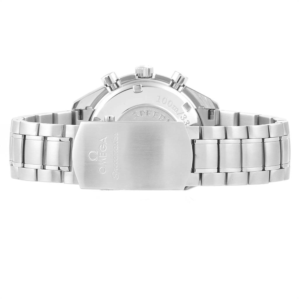 The image shows the back view of the Omega Speedmaster 3212.80.00 Men's Stainless Steel Blue Dial 3212.80.00 Men's Stainless Steel Blue Dial watch, highlighting the clasp and part of the bracelet.