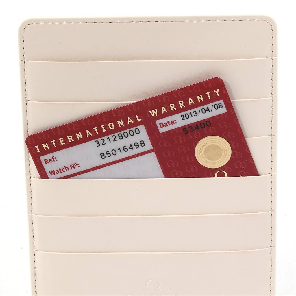 The image shows an Omega Speedmaster 3212.80.00 Men's Stainless Steel Blue Dial 3212.80.00 Men's Stainless Steel Blue Dial international warranty card placed in a white cardholder.