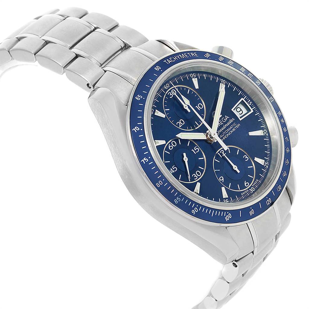 The Omega Speedmaster 3212.80.00 Men's Stainless Steel Blue Dial 3212.80.00 Men's Stainless Steel Blue Dial watch is shown from a side angle, highlighting its stainless steel bracelet, blue dial, and tachymeter bezel.