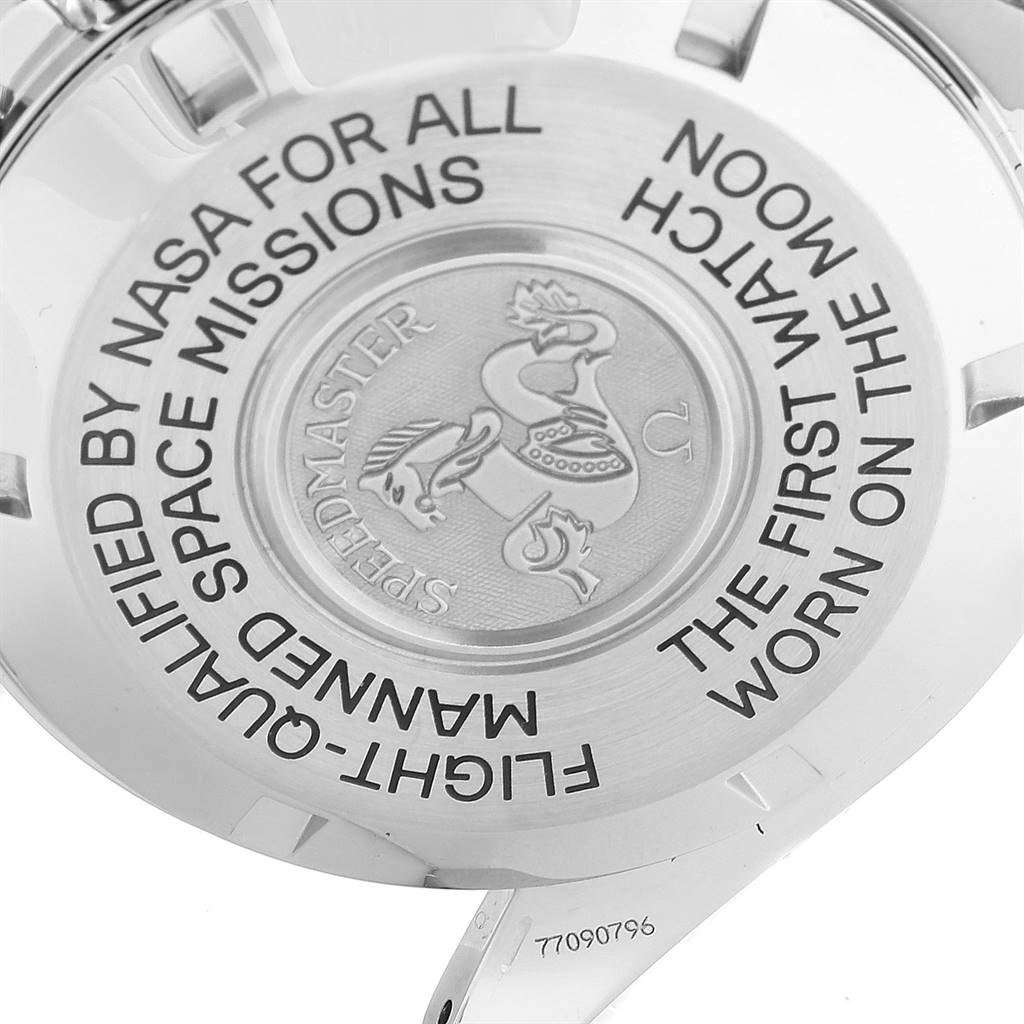 This image shows the case back of an Omega Speedmaster 3575.20.00 Men
s Stainless Steel White Dial 3575.20.00 Men
s Stainless Steel White Dial watch, featuring engraved text and the Speedmaster insignia.