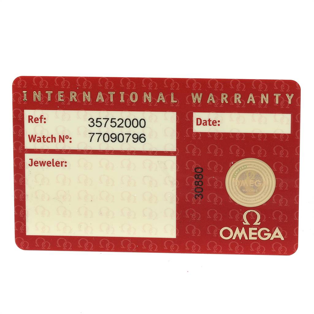 The image shows the International Warranty card for an Omega Speedmaster 3575.20.00 Men
s Stainless Steel White Dial 3575.20.00 Men
s Stainless Steel White Dial watch, displaying the reference and watch numbers.