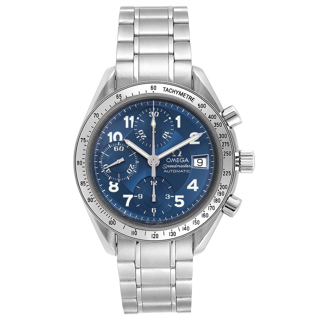 The image shows a front view of an Omega Speedmaster 3513.82.00 Men
s Stainless Steel Blue Dial 3513.82.00 Men
s Stainless Steel Blue Dial model watch with a blue dial and stainless steel bracelet.