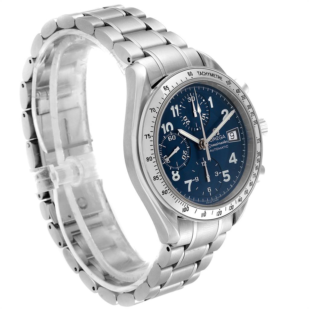The Omega Speedmaster 3513.82.00 Men
s Stainless Steel Blue Dial 3513.82.00 Men
s Stainless Steel Blue Dial watch is shown at an angle highlighting its face, bezel, bracelet, and crown.
