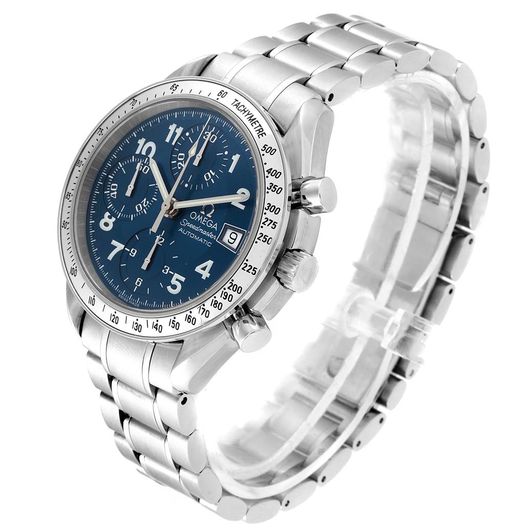 This image shows an Omega Speedmaster 3513.82.00 Men
s Stainless Steel Blue Dial 3513.82.00 Men
s Stainless Steel Blue Dial watch angled from the front left, displaying the face, bracelet, and side pushers.