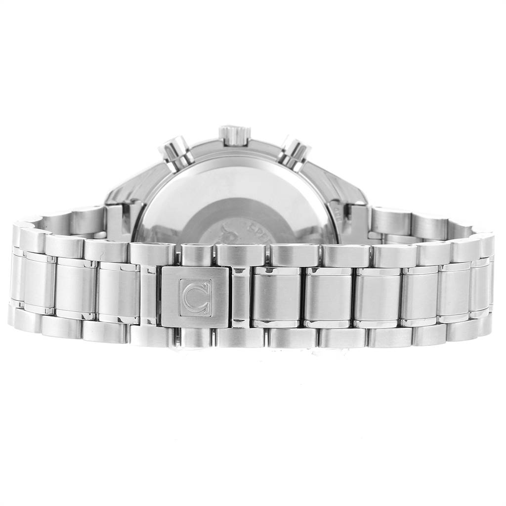 This image shows the back view of an Omega Speedmaster 3513.82.00 Men
s Stainless Steel Blue Dial 3513.82.00 Men
s Stainless Steel Blue Dial watch, highlighting its metal bracelet and clasp.