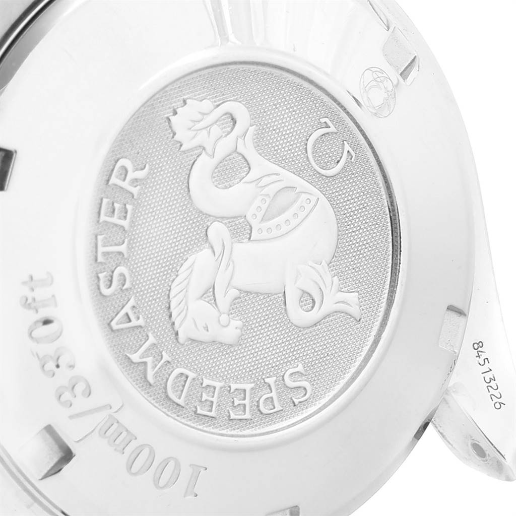 The image shows the case back of an Omega Speedmaster 3211.50.00 Men
s Stainless Steel Black Dial 3211.50.00 Men
s Stainless Steel Black Dial watch, displaying the engraved logo and depth rating.