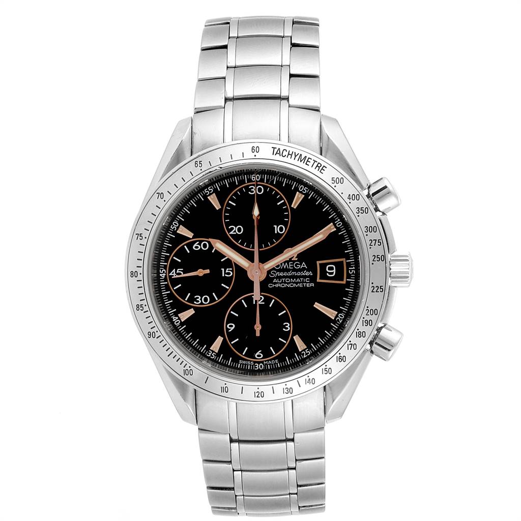 This Omega Speedmaster 3211.50.00 Men
s Stainless Steel Black Dial 3211.50.00 Men
s Stainless Steel Black Dial watch is shown from a front angle, displaying its dial, bezel, bracelet, and side pushers.