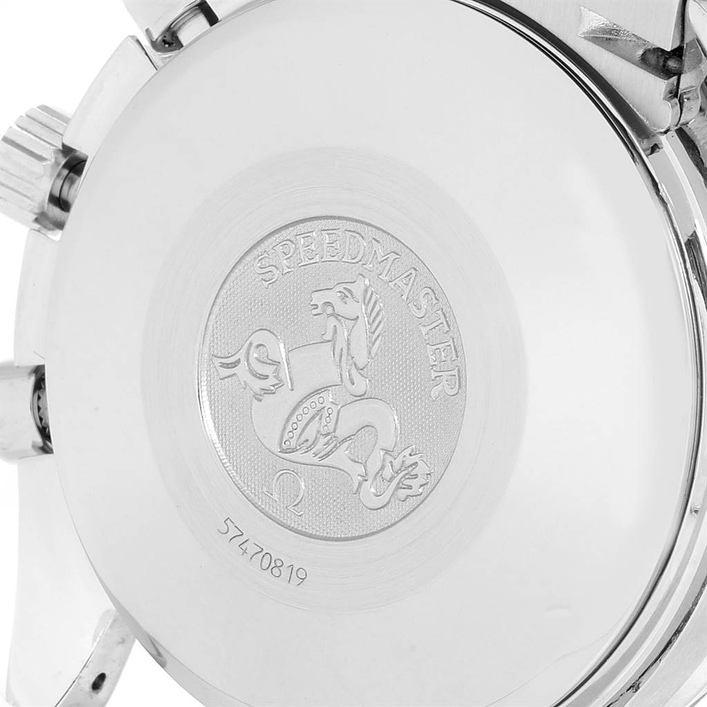 The image shows the back case of an Omega Speedmaster 3513.51.00 Men
s Stainless Steel Black Dial 3513.51.00 Men
s Stainless Steel Black Dial watch, detailing its logo and brand engraving.