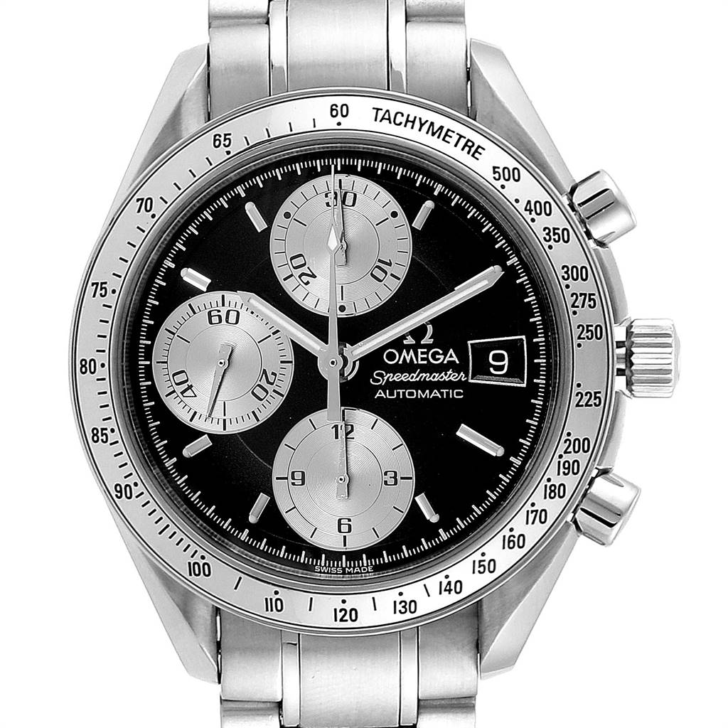 The image shows a frontal view of the Omega Speedmaster 3513.51.00 Men
s Stainless Steel Black Dial 3513.51.00 Men
s Stainless Steel Black Dial watch, highlighting its dial, chronograph subdials, and tachymeter bezel.