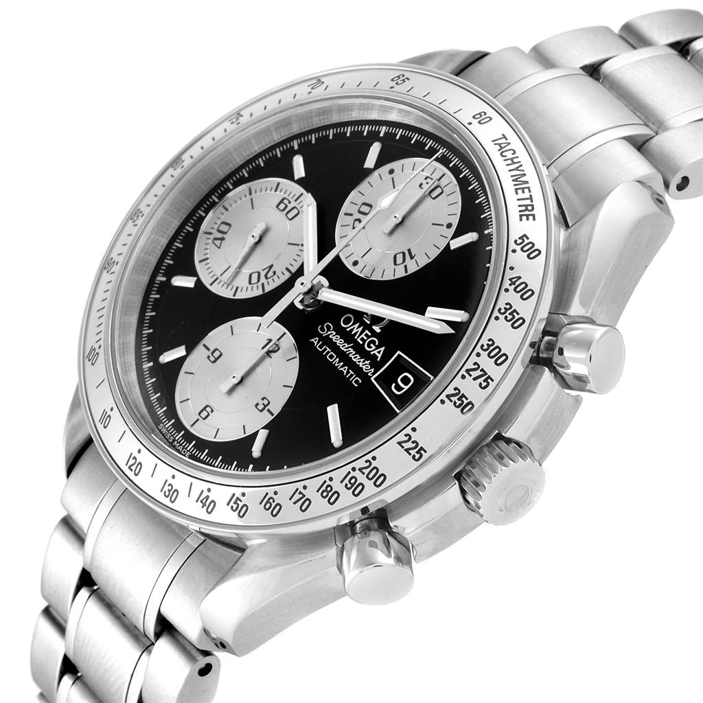 The Omega Speedmaster 3513.51.00 Men
s Stainless Steel Black Dial 3513.51.00 Men
s Stainless Steel Black Dial watch is shown at a slight side angle, featuring the face, bezel, crown, pushers, and part of the bracelet.