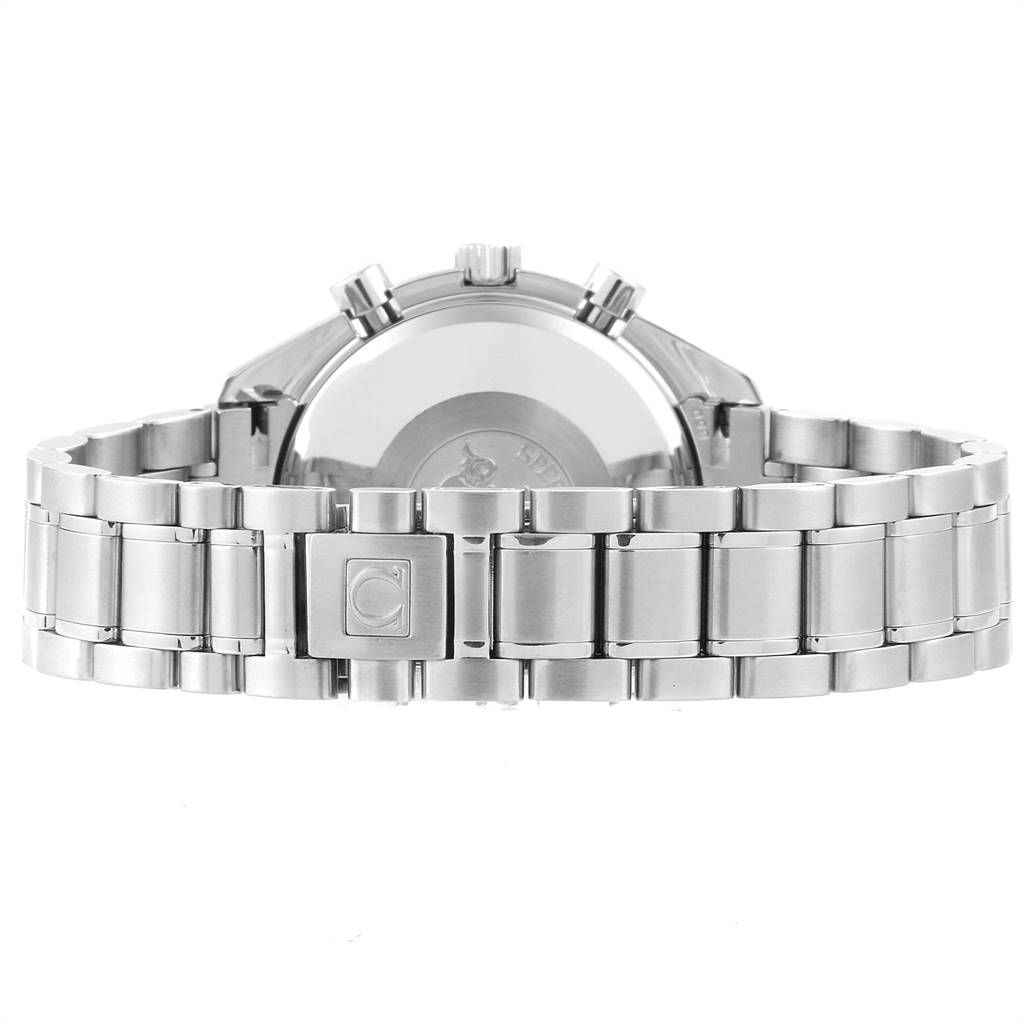 The image shows the backside of an Omega Speedmaster 3513.51.00 Men
s Stainless Steel Black Dial 3513.51.00 Men
s Stainless Steel Black Dial watch, focusing on the stainless steel bracelet and clasp.