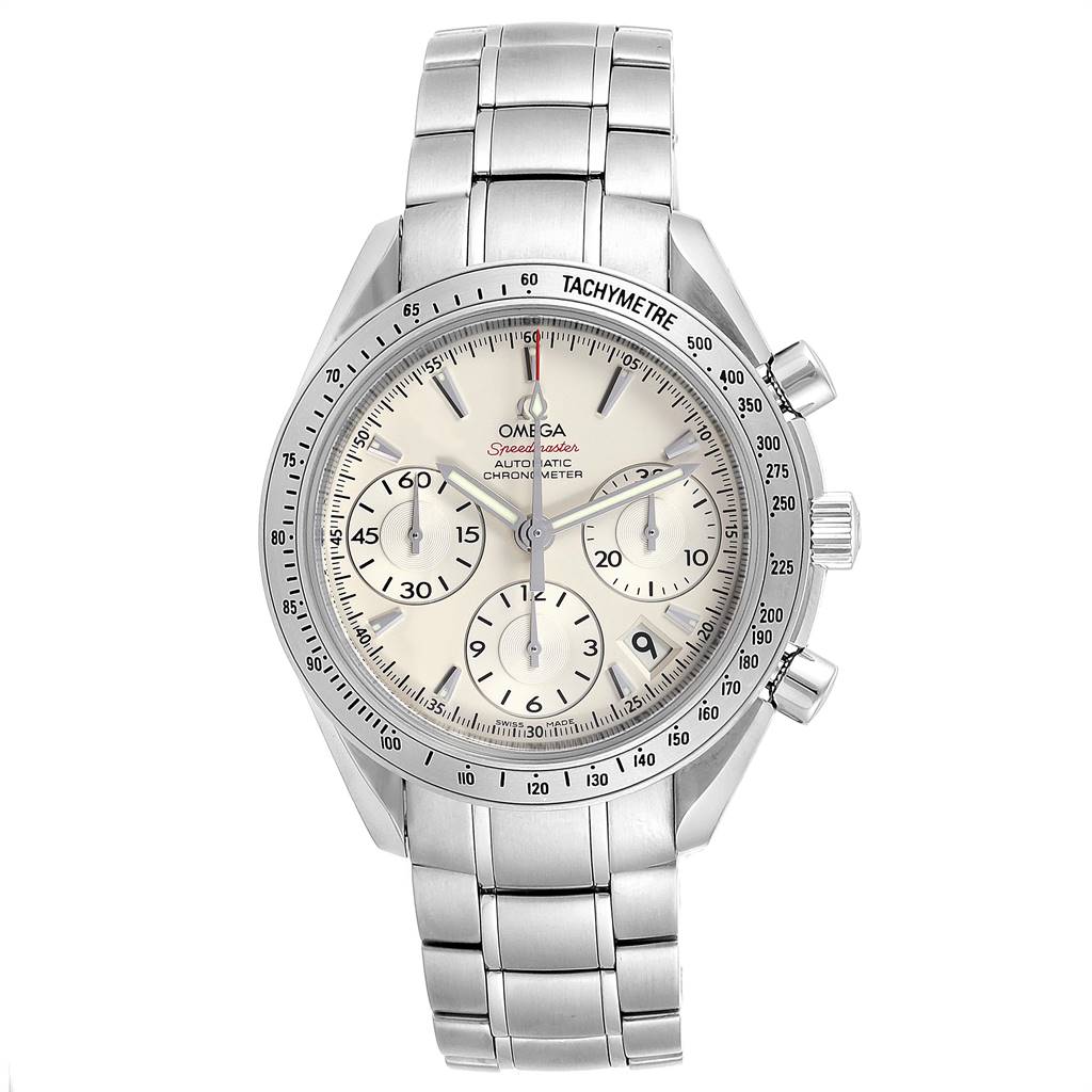 This is an Omega Speedmaster 323.10.40.40.02.001 Men's Stainless Steel Silver Dial 323.10.40.40.02.001 Men's Stainless Steel Silver Dial watch shown from the front, displaying its face, bezel, and stainless steel bracelet.