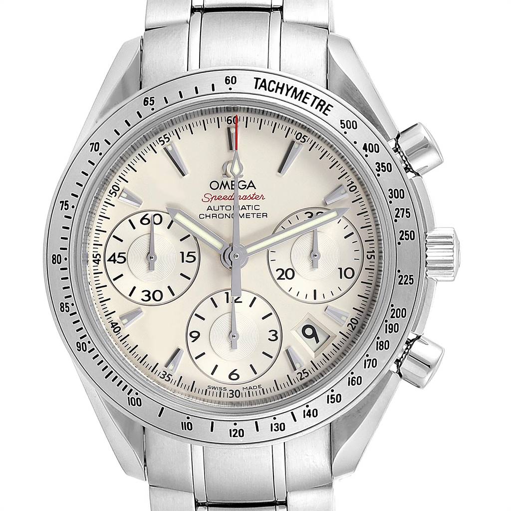 The image shows a frontal view of the Omega Speedmaster 323.10.40.40.02.001 Men's Stainless Steel Silver Dial 323.10.40.40.02.001 Men's Stainless Steel Silver Dial watch, displaying the dial, sub-dials, tachymeter bezel, and bracelet.