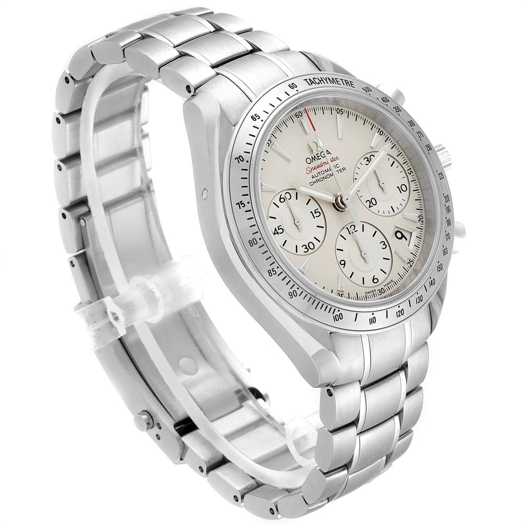 The image shows an Omega Speedmaster 323.10.40.40.02.001 Men's Stainless Steel Silver Dial 323.10.40.40.02.001 Men's Stainless Steel Silver Dial watch from a side angle, showcasing the face, bezel, and bracelet.