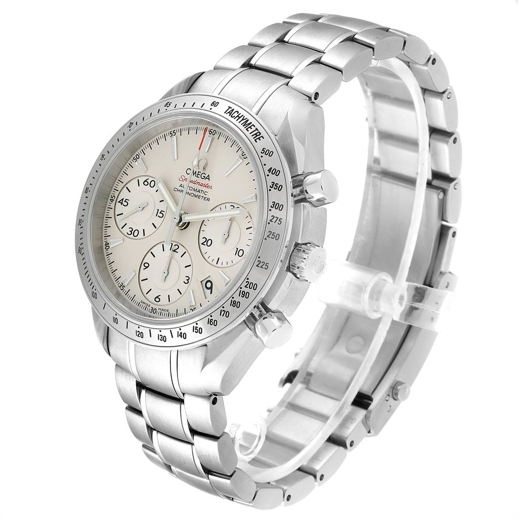 The image shows an Omega Speedmaster 323.10.40.40.02.001 Men's Stainless Steel Silver Dial 323.10.40.40.02.001 Men's Stainless Steel Silver Dial watch at an oblique angle, highlighting the face, side buttons, and metal bracelet.