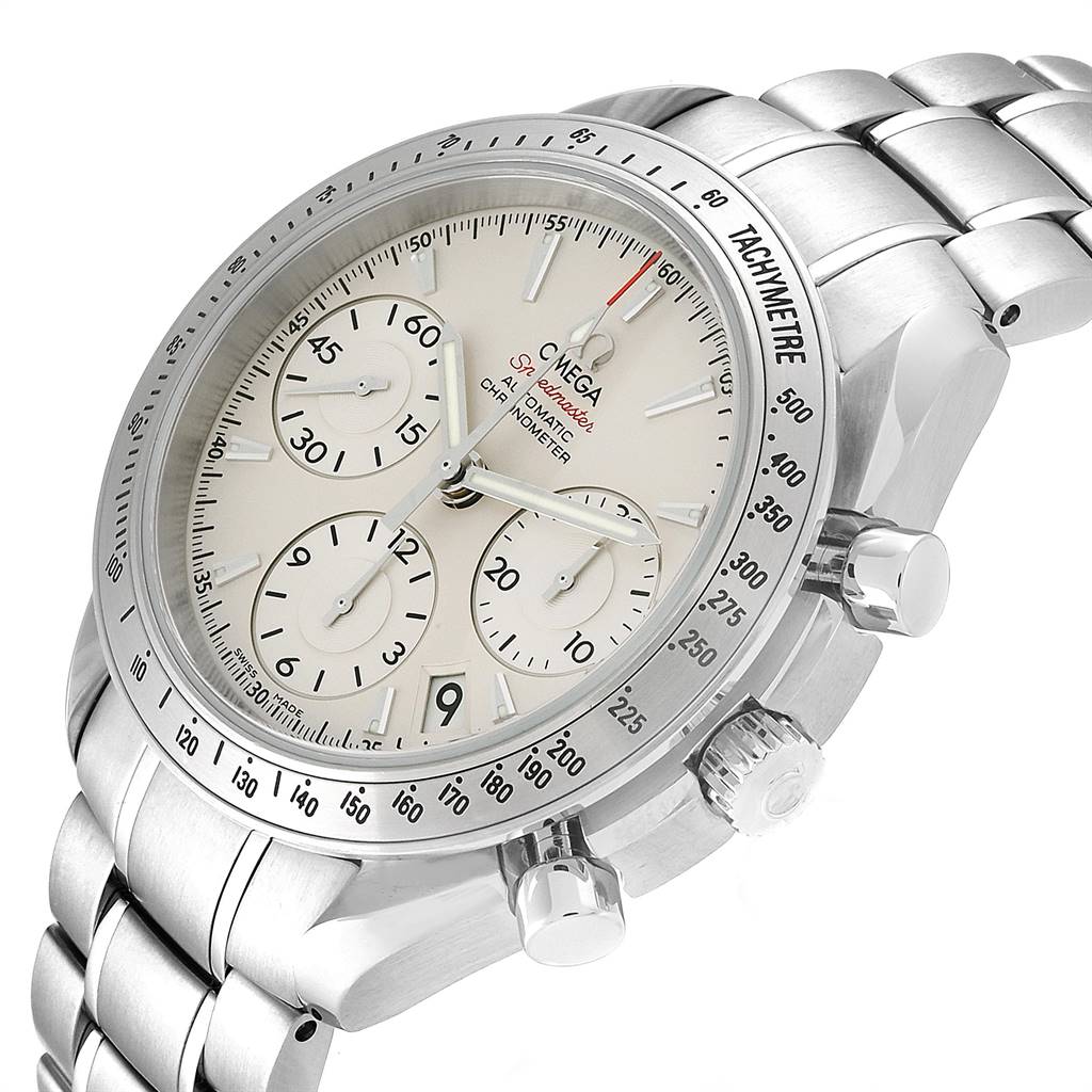 This image shows the Omega Speedmaster 323.10.40.40.02.001 Men's Stainless Steel Silver Dial 323.10.40.40.02.001 Men's Stainless Steel Silver Dial watch at a three-quarter angle, highlighting the dial, sub-dials, bezel, and part of the bracelet.