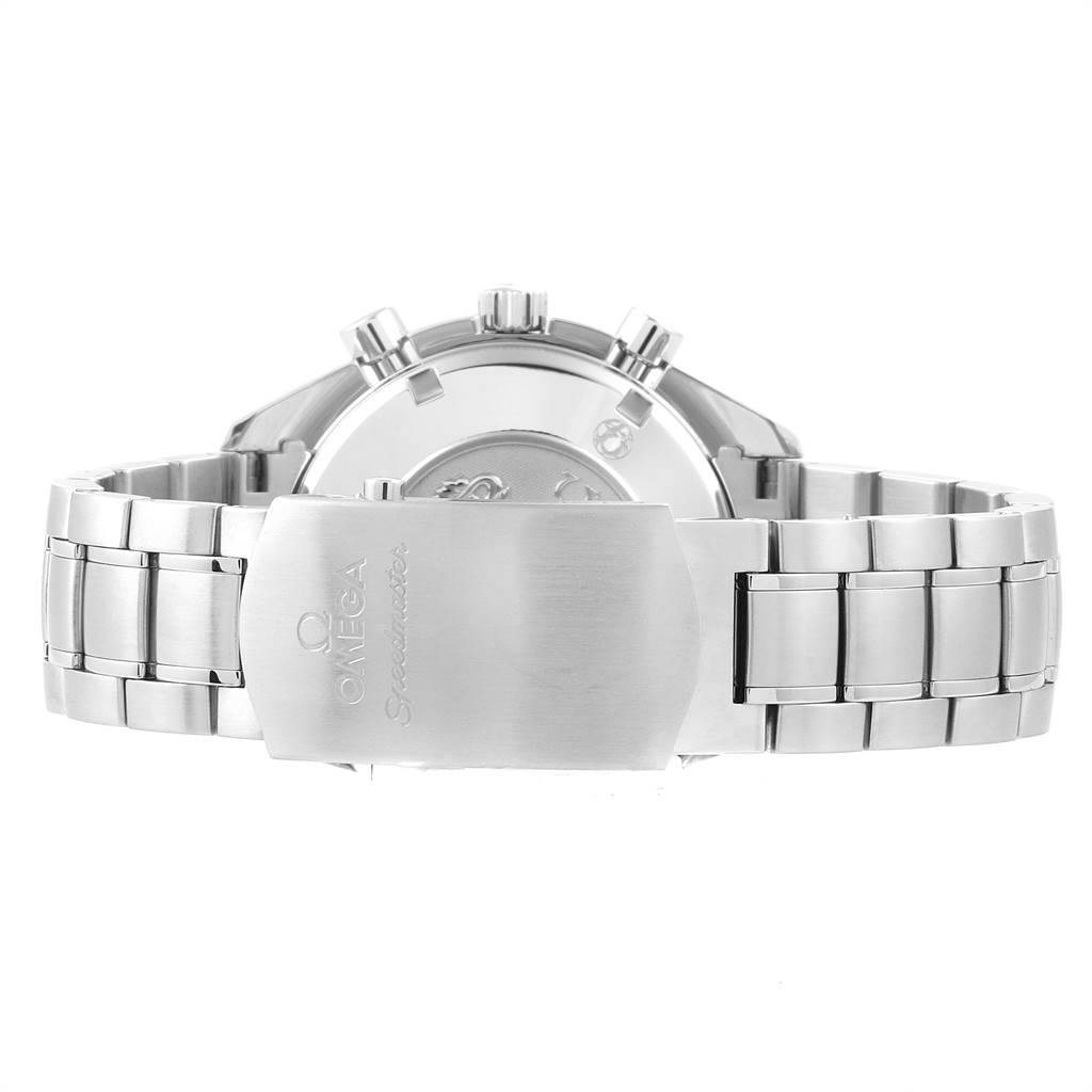 This image shows the back of the Omega Speedmaster 323.10.40.40.02.001 Men's Stainless Steel Silver Dial 323.10.40.40.02.001 Men's Stainless Steel Silver Dial watch, focusing on its clasp and stainless steel bracelet.