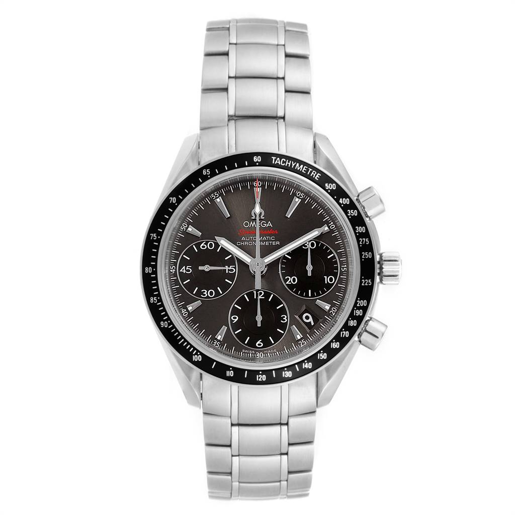 The Omega Speedmaster 323.30.40.40.06.001 Men
s Stainless Steel Grey Dial 323.30.40.40.06.001 Men
s Stainless Steel Grey Dial watch is shown from a front angle, displaying the complete face, bezel, and bracelet.