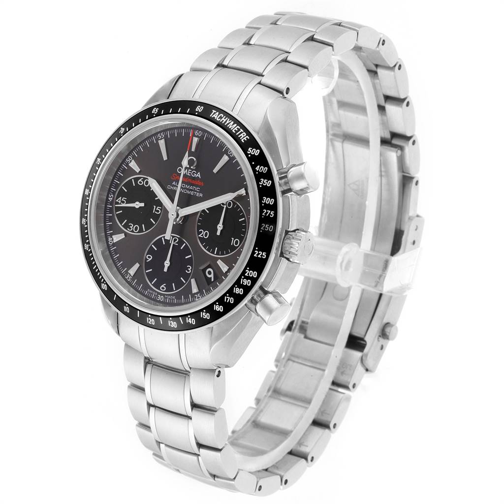 The Omega Speedmaster 323.30.40.40.06.001 Men
s Stainless Steel Grey Dial 323.30.40.40.06.001 Men
s Stainless Steel Grey Dial watch is shown from a side angle, revealing the dial, bezel, crown, pushers, and metal bracelet.