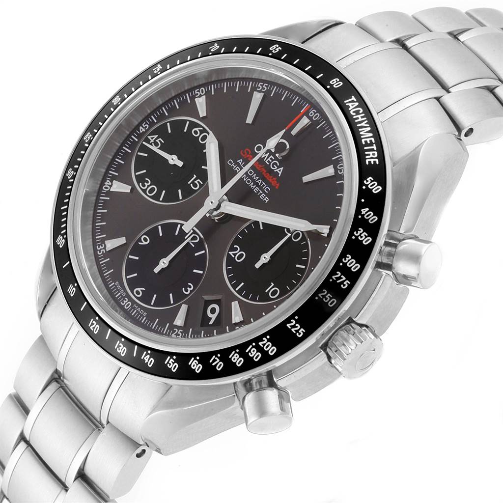 This Omega Speedmaster 323.30.40.40.06.001 Men
s Stainless Steel Grey Dial 323.30.40.40.06.001 Men
s Stainless Steel Grey Dial watch is shown at a slight angle highlighting its face, bezel, crown, and steel bracelet.