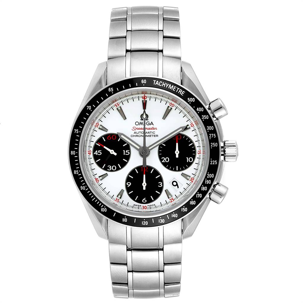 This image shows a front view of the Omega Speedmaster 323.30.40.40.04.001 Men
s Stainless Steel White Dial 323.30.40.40.04.001 Men
s Stainless Steel White Dial watch, highlighting the dial, bezel, and stainless steel bracelet.