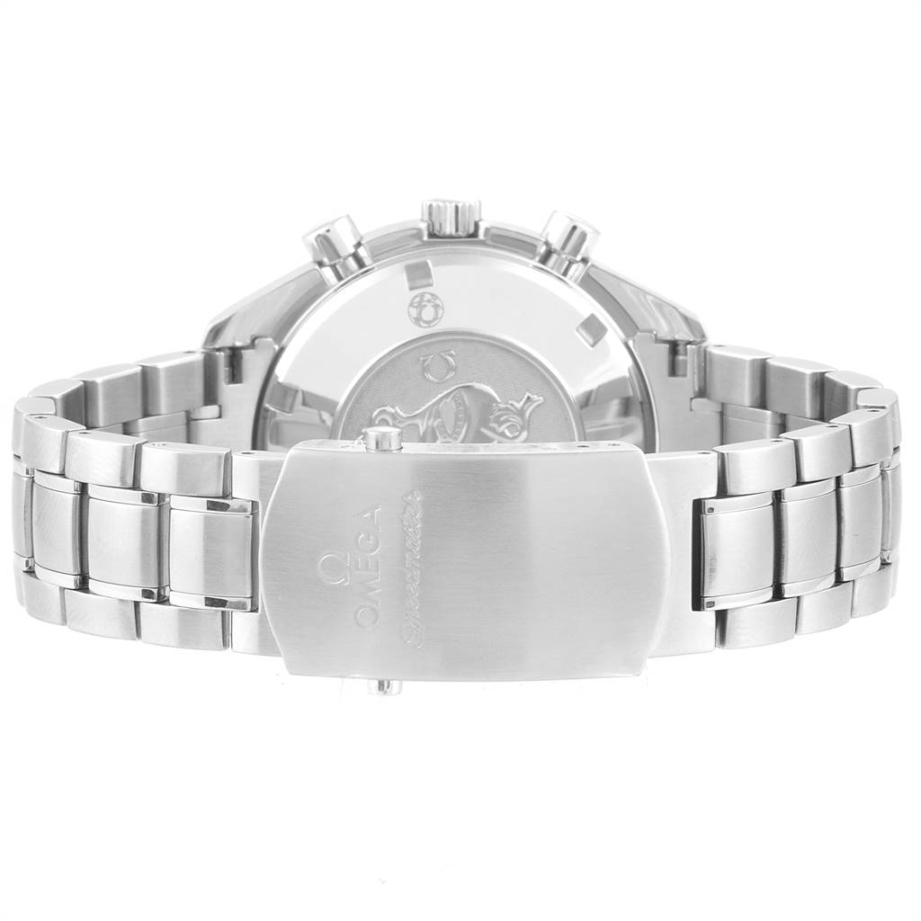 The image shows the back view of an Omega Speedmaster 323.30.40.40.04.001 Men
s Stainless Steel White Dial 323.30.40.40.04.001 Men
s Stainless Steel White Dial watch, highlighting its stainless steel bracelet and clasp.