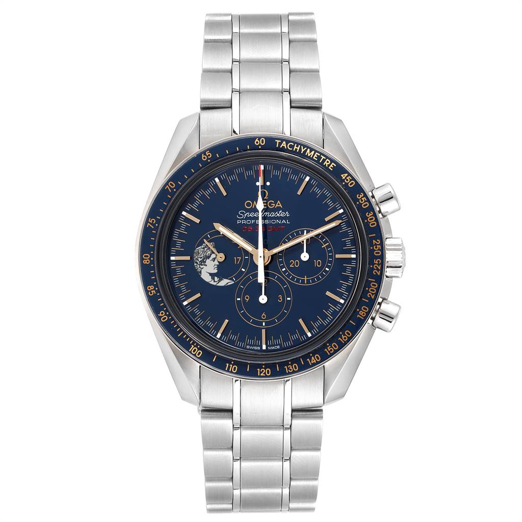 The Omega Speedmaster 311.30.42.30.03.001 Men's Stainless Steel Blue Dial 311.30.42.30.03.001 Men's Stainless Steel Blue Dial watch is shown from the front, displaying its blue dial, chronograph subdials, and stainless steel bracelet.