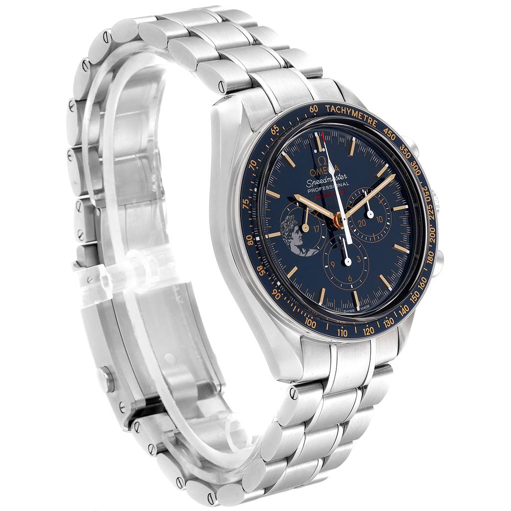 The Omega Speedmaster 311.30.42.30.03.001 Men's Stainless Steel Blue Dial 311.30.42.30.03.001 Men's Stainless Steel Blue Dial watch is shown at a three-quarter angled view, displaying the face and the stainless steel bracelet.