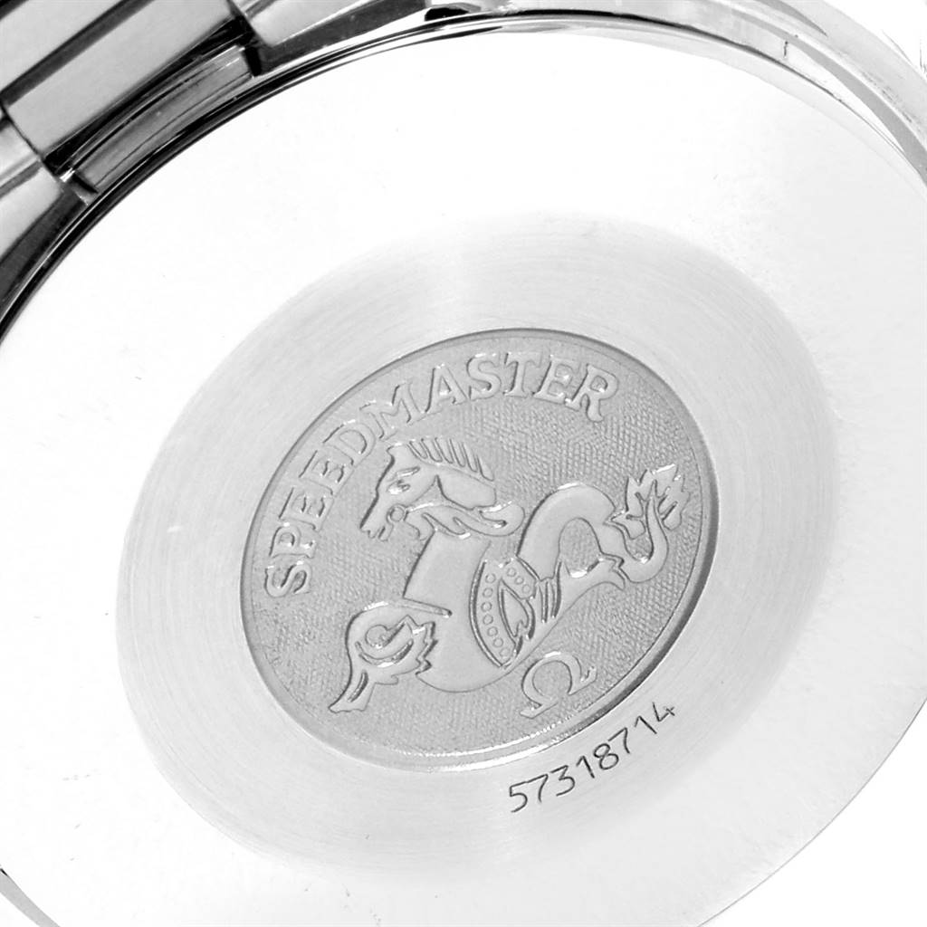 The image shows the back case of an Omega Speedmaster 3510.50.00 Men
s Stainless Steel Black Dial 3510.50.00 Men
s Stainless Steel Black Dial watch, featuring a detailed engraving of the logo and serial number.