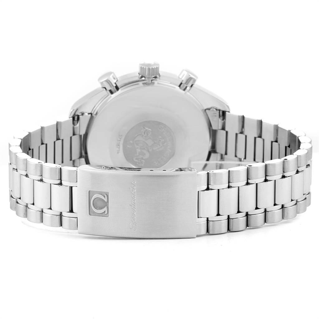 This image shows the Omega Speedmaster 3510.50.00 Men
s Stainless Steel Black Dial 3510.50.00 Men
s Stainless Steel Black Dial watch from the back, featuring its bracelet and clasp with the Speedmaster engraving.