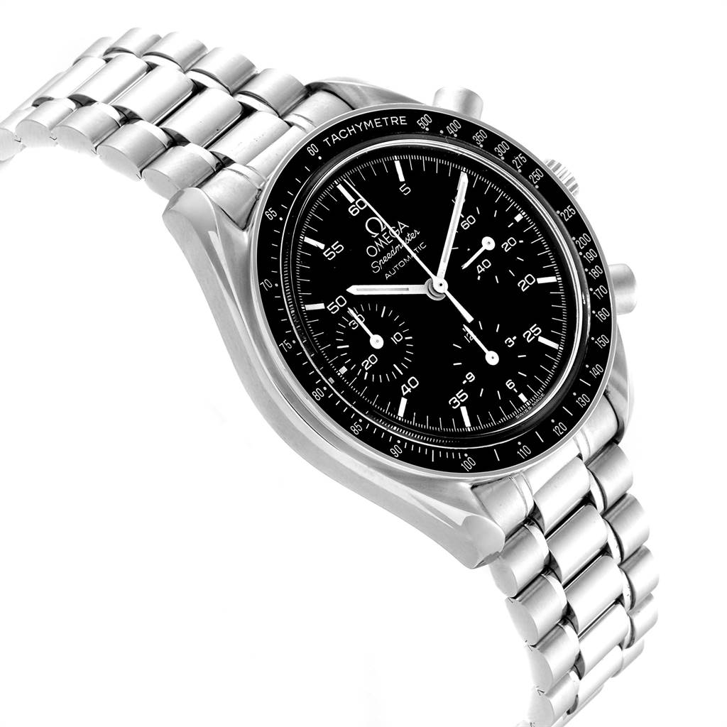 This image shows the Omega Speedmaster 3510.50.00 Men
s Stainless Steel Black Dial 3510.50.00 Men
s Stainless Steel Black Dial watch at a slight angle highlighting its bracelet, tachymetre bezel, and chronograph dial.