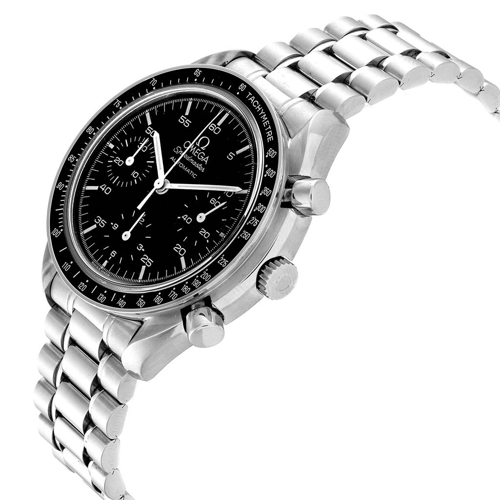 This Omega Speedmaster 3510.50.00 Men
s Stainless Steel Black Dial 3510.50.00 Men
s Stainless Steel Black Dial watch is shown at an angle displaying its face, bezel, crown, chronograph pushers, and metal bracelet.