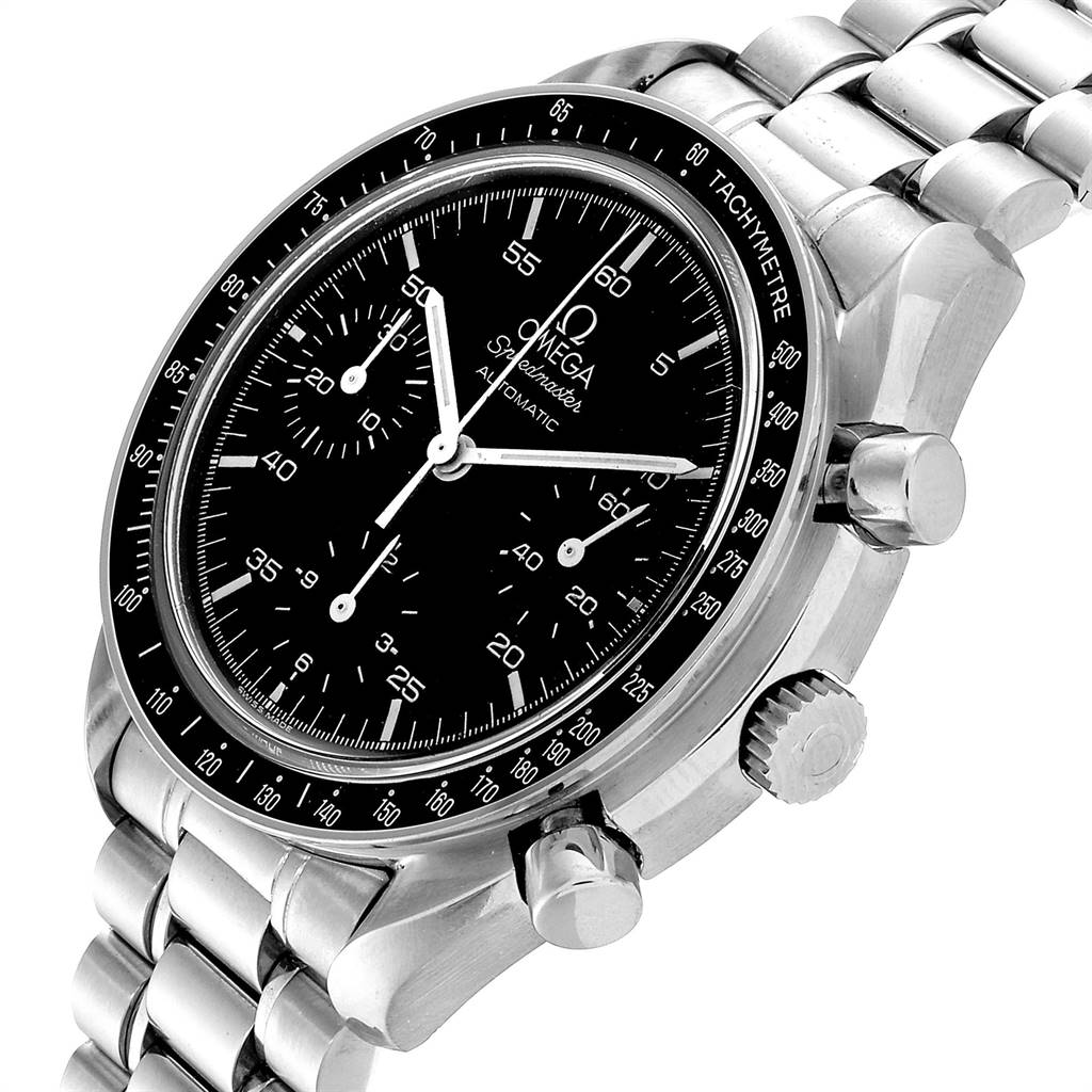 The image shows a close-up angled view of the Omega Speedmaster 3510.50.00 Men
s Stainless Steel Black Dial 3510.50.00 Men
s Stainless Steel Black Dial watch, focusing on the dial and stainless steel bracelet.